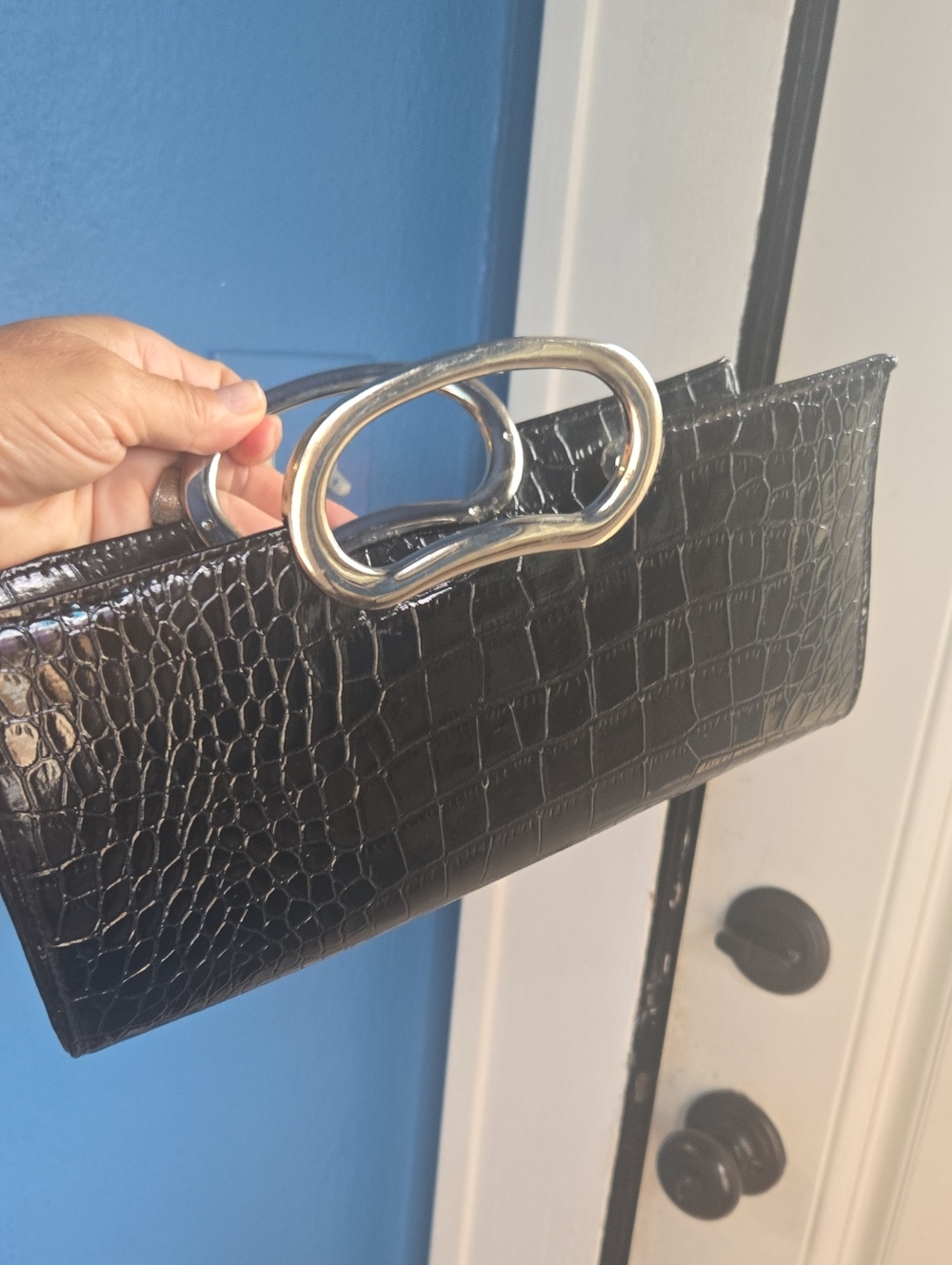 Glamor Black Croc Embossed Leather Women's Evening Clutch
